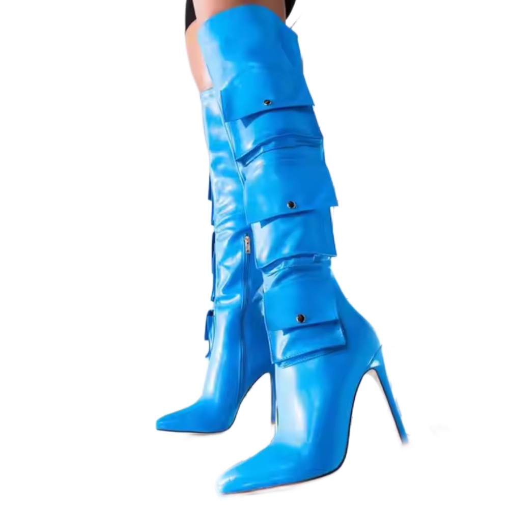 Electric blue designer high heel boot with pockets